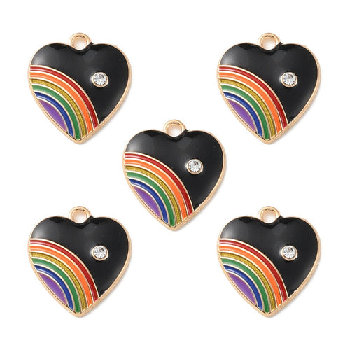 Alloy Black Enamel with Rhinestone Pendant - Heart with Rainbow - 20x18x3.5mm