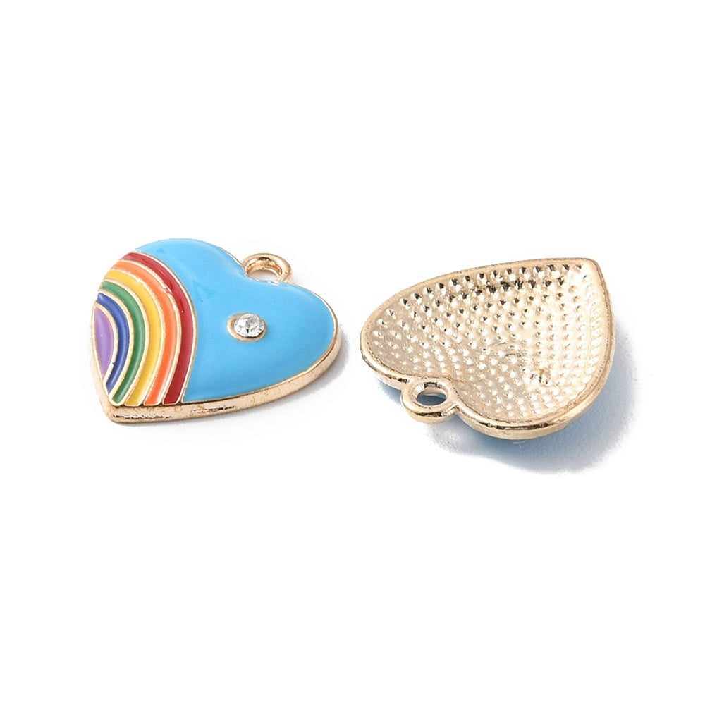 Alloy Deep Sky Blue Enamel with Rhinestone Pendant - Heart with Rainbow - 20x18x3.5mm