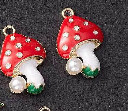 Light Gold Alloy Red, White & Green Enamel Pendant - Cadmium, Lead & Nickel Free - Mushroom with Pearl - 23x15.5x5mm