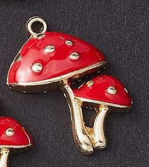 Light Gold Alloy Red & White Enamel Pendant - Cadmium, Lead & Nickel Free - Mushrooms - 26.5x20.5x5mm