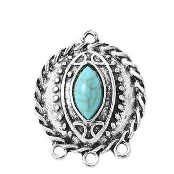 Tibetan Style Antique Silver Alloy Chandelier Component Link with Turquoise Resin Geometric Shapes - 30.5-45x23.5-29.5x5-8.5mm