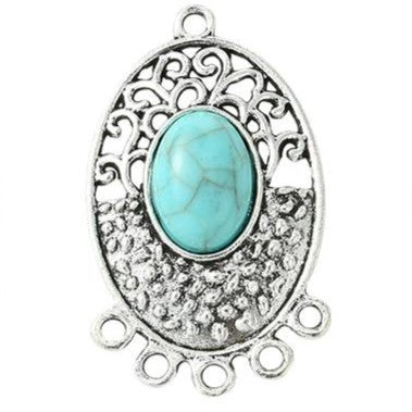 Tibetan Style Antique Silver Alloy Chandelier Component Link with Turquoise Resin Geometric Shapes - 30.5-45x23.5-29.5x5-8.5mm