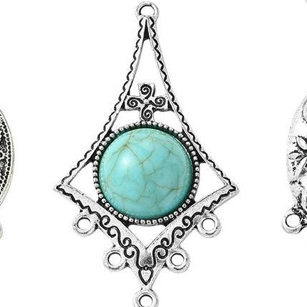 Tibetan Style Antique Silver Alloy Chandelier Component Link with Turquoise Resin Geometric Shapes - 30.5-45x23.5-29.5x5-8.5mm