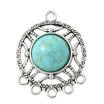 Tibetan Style Antique Silver Alloy Chandelier Component Link with Turquoise Resin Geometric Shapes - 30.5-45x23.5-29.5x5-8.5mm