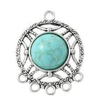 Tibetan Style Antique Silver Alloy Chandelier Component Link with Turquoise Resin Geometric Shapes - 30.5-45x23.5-29.5x5-8.5mm