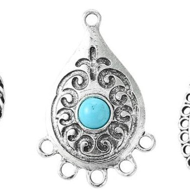 Tibetan Style Antique Silver Alloy Chandelier Component Link with Turquoise Resin Geometric Shapes - 30.5-45x23.5-29.5x5-8.5mm