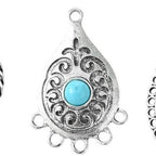 Tibetan Style Antique Silver Alloy Chandelier Component Link with Turquoise Resin Geometric Shapes - 30.5-45x23.5-29.5x5-8.5mm