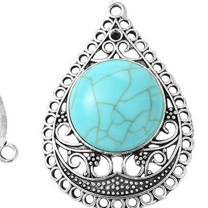 Tibetan Style Antique Silver Alloy Chandelier Component Link with Turquoise Resin Geometric Shapes - 30.5-45x23.5-29.5x5-8.5mm