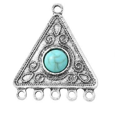 Tibetan Style Antique Silver Alloy Chandelier Component Link with Turquoise Resin Geometric Shapes - 30.5-45x23.5-29.5x5-8.5mm