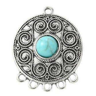 Tibetan Style Antique Silver Alloy Chandelier Component Link with Turquoise Resin Geometric Shapes - 30.5-45x23.5-29.5x5-8.5mm