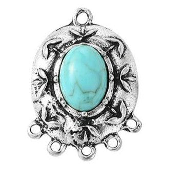 Tibetan Style Antique Silver Alloy Chandelier Component Link with Turquoise Resin Geometric Shapes - 30.5-45x23.5-29.5x5-8.5mm
