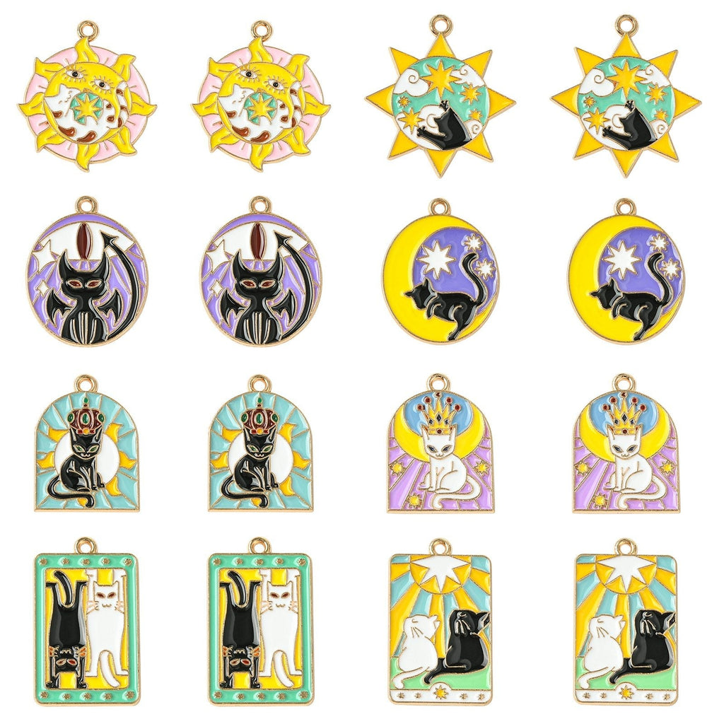 Light Gold Zinc Alloy Enamel Pendant - Mixed Cat Shapes - 24.5-30x18-26.5x1.3mm