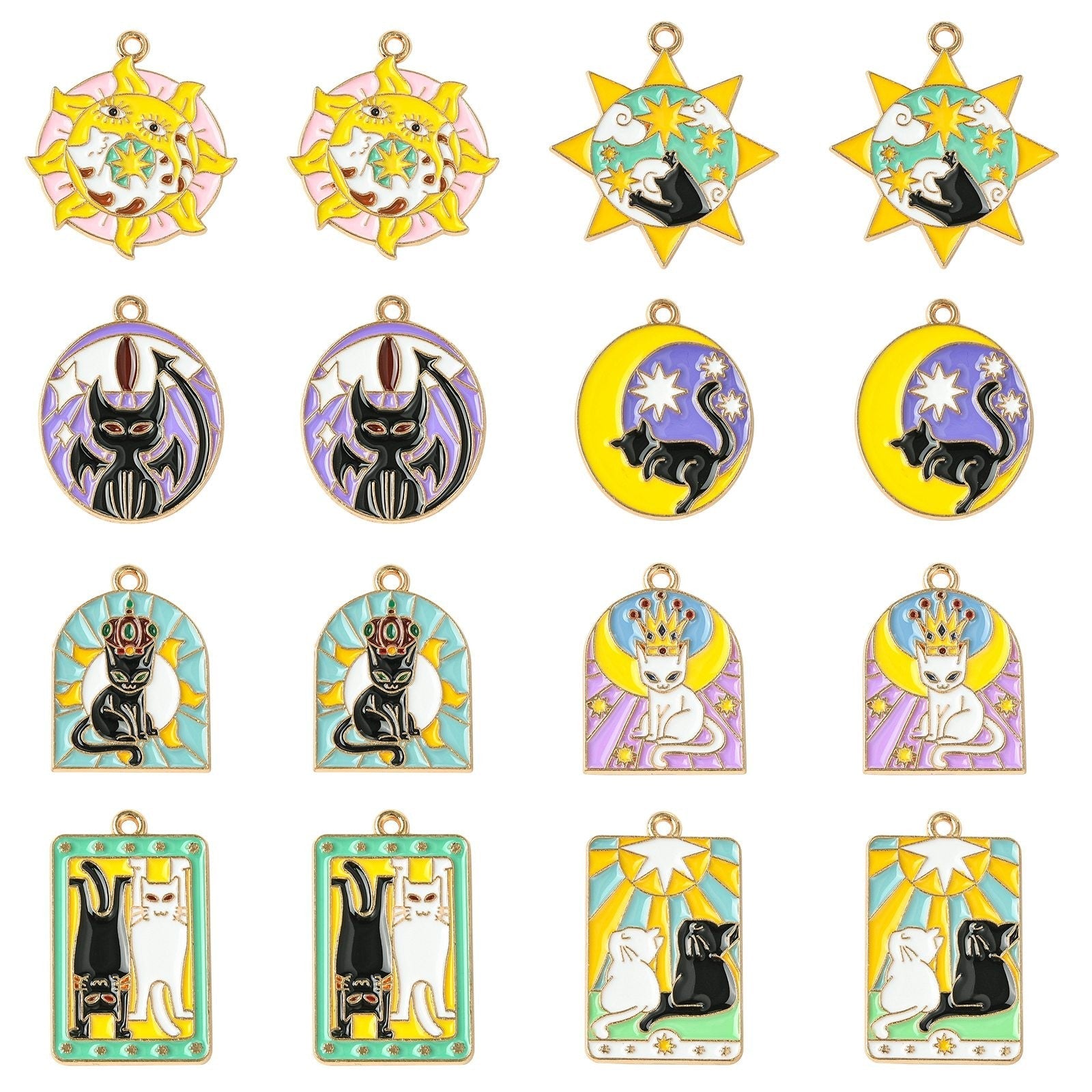 Light Gold Zinc Alloy Enamel Pendant - Mixed Cat Shapes - 24.5-30x18-26.5x1.3mm