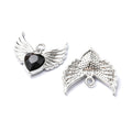 Platinum Rack Plating Alloy Black Glass Pendants - Cadmium, Lead & Nickle Free - Faceted Heart Charm with Wing - 20x22x4mm 
