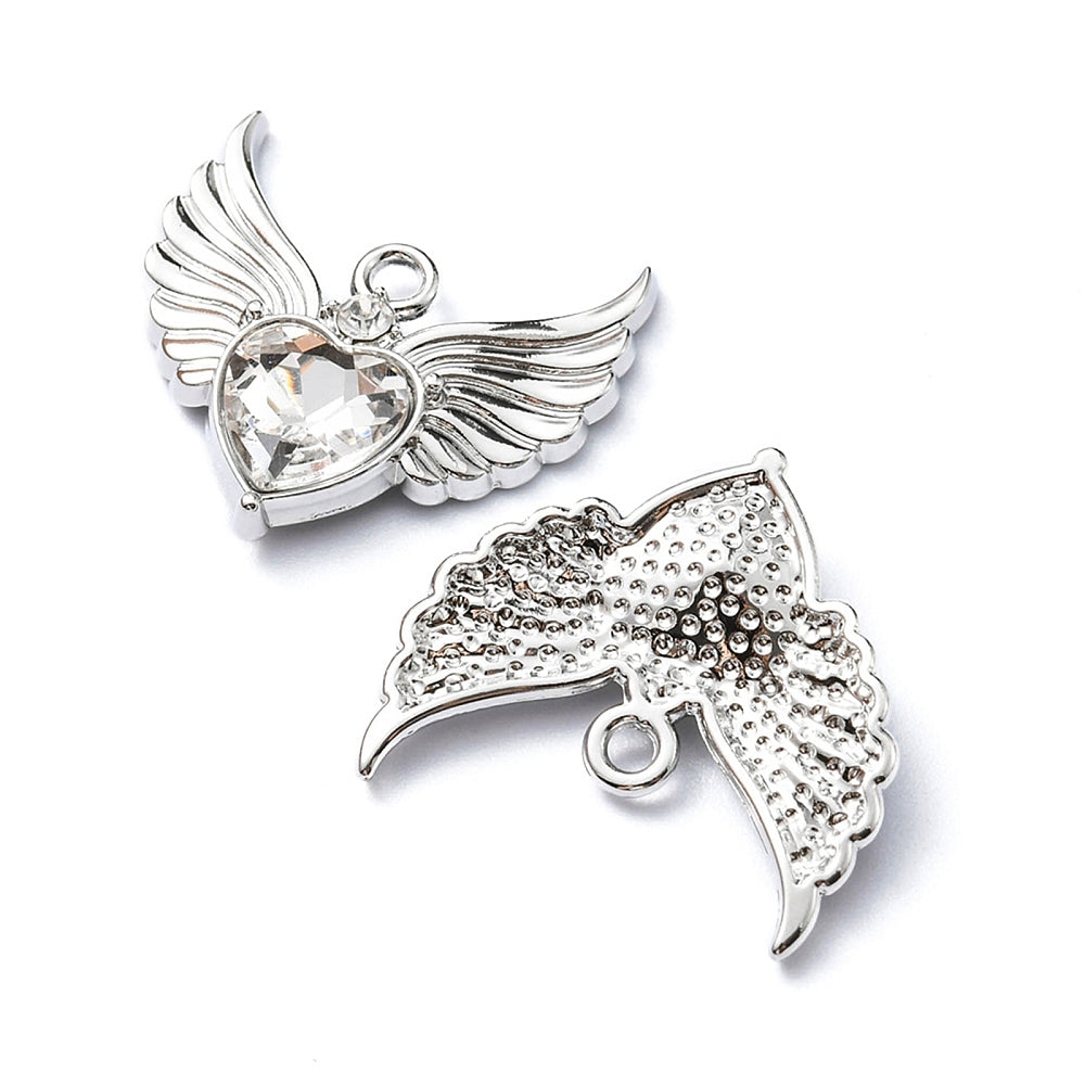 Rack Platinum Plating Alloy Clear Glass Pendant - Cadmium, Lead & Nickle Free - Faceted Heart Charm with Wing - 20x22x4mm