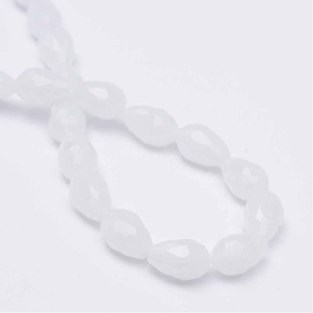 White Glass Beads - Teardrop Faceted - 11-12x8mm - Appx  60 per strand