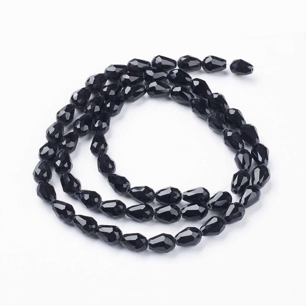 Black Glass Beads - Faceted Drop - 11x8mm - Appx 57 per strand