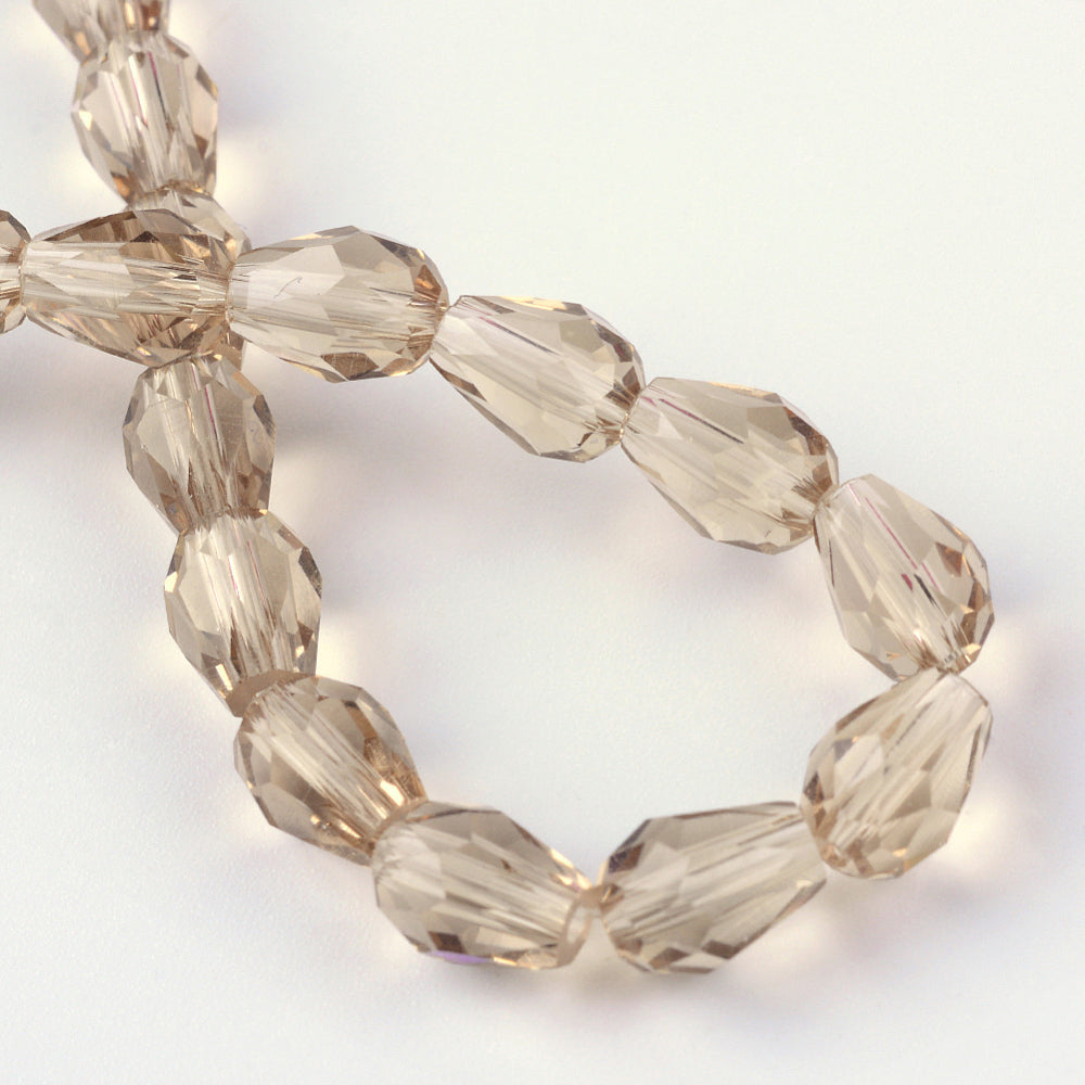 BurlyWood Transparent Glass Bead - Faceted Teardrop - 8x6mm - Appx 65 per strand