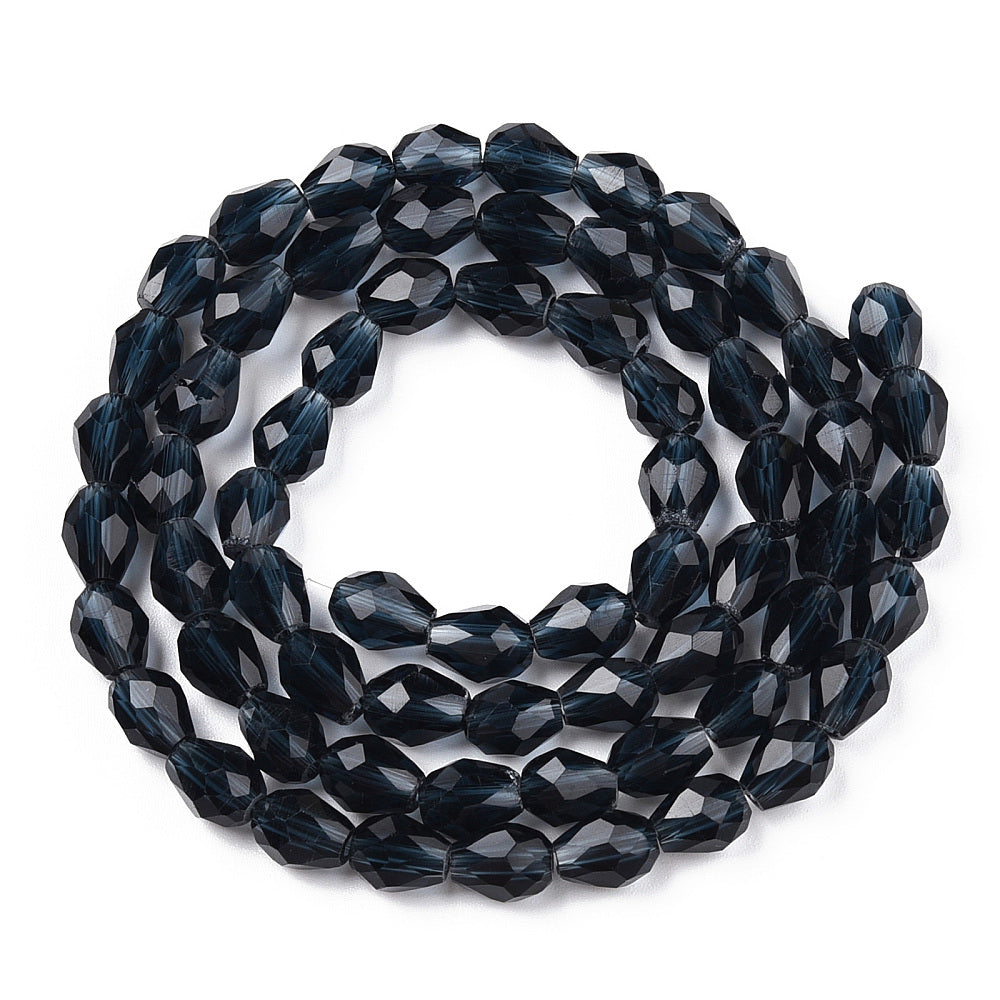 Prussian Blue Transparent Glass Bead - Faceted Drop - 8x6mm - Appx 65 per strand