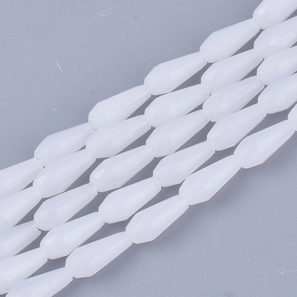White Glass Beads - Faceted Teardrop - 9-10x4mm - Appx 70 per strand