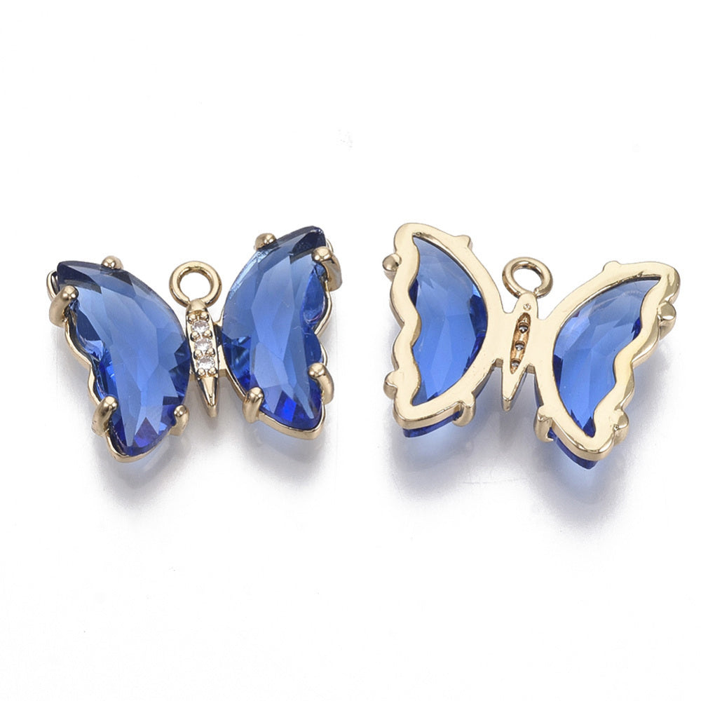Royal Blue Glass Light Gold Pendant with Micro Pave Cubic Zirconia - Faceted Butterfly - 15.5x20x4mm