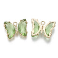 Light Gold Brass Open Back Setting Light Green Glass with Micro Pave Cubic Zirconia Pendant - Faceted Butterfly - 15.5x20x4mm