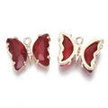 Light Gold Brass Open Back Setting Fire Brick Glass with Micro Pave Cubic Zirconia Pendant - Faceted Butterfly - 15.5x20x4mm
