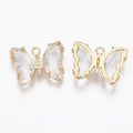 Clear Glass with Micro Pave Cubic Zirconia with Light Gold  Brass Open Back Pendant - Faceted  Butterfly - 15.5x20x4mm