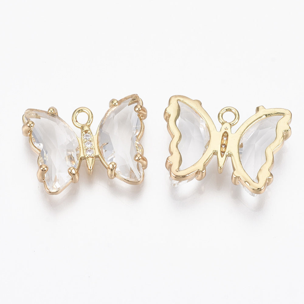 Clear Glass with Micro Pave Cubic Zirconia with Light Gold  Brass Open Back Pendant - Faceted  Butterfly - 15.5x20x4mm