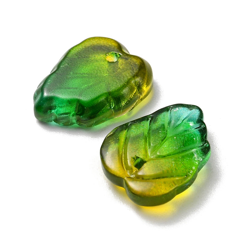 Green Yellow  Two-Tone Transparent Glass Charms - Leaf - 13.5x10.5x3.5mm - 10 per bag