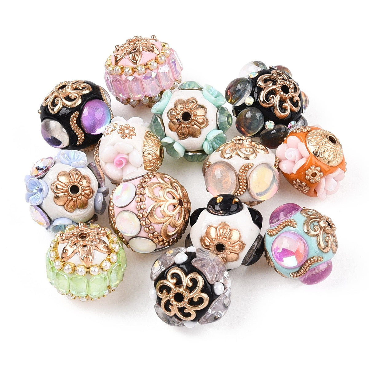 Handmade Mixed Color Indonesia Alloy Bead with Resin Findings and Rhinestone - Rondelle - 15.5-18x15.5-20.5x15.5-20.5mm
