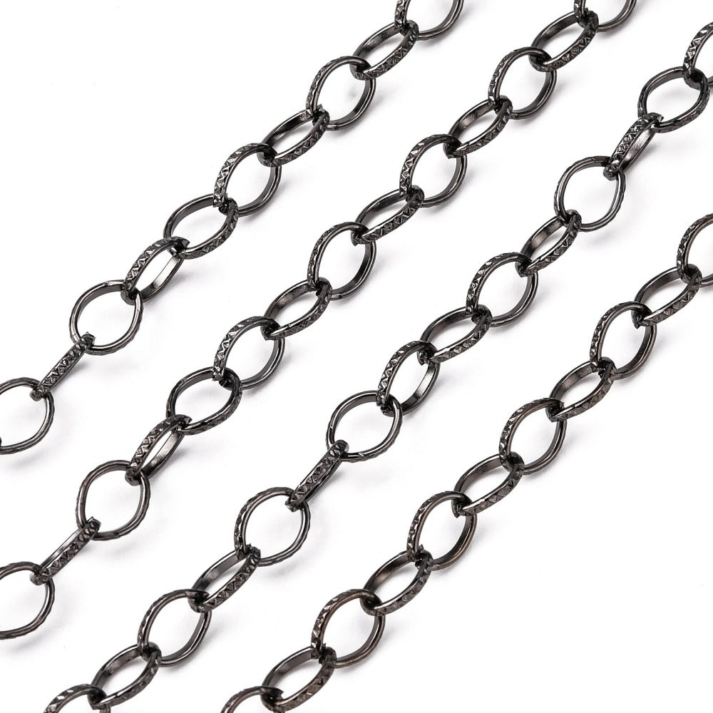Iron Textured Cable Chain - Unwelded - Flat Oval - Gunmetal - 8x6x1mm - 1 meter per bag