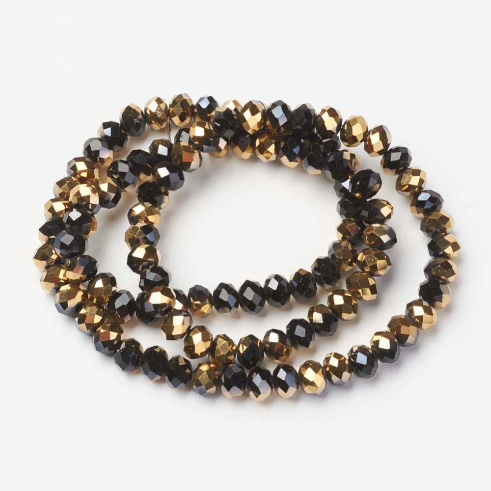 Black Half Golden Plated Electroplate Opaque Glass - Faceted Rondelle - 6x5mm - Appx 83 per strand