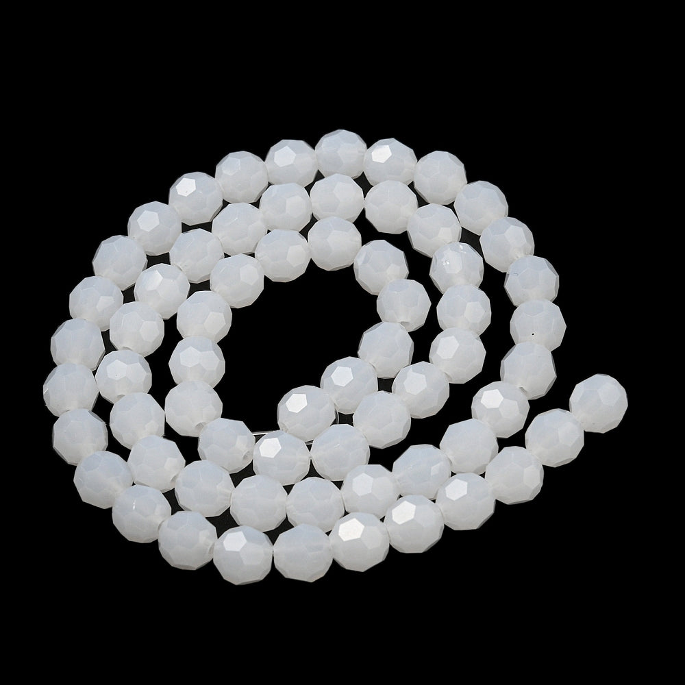 White Glass Beads - Faceted Round - 8mm - appx 65 per strand