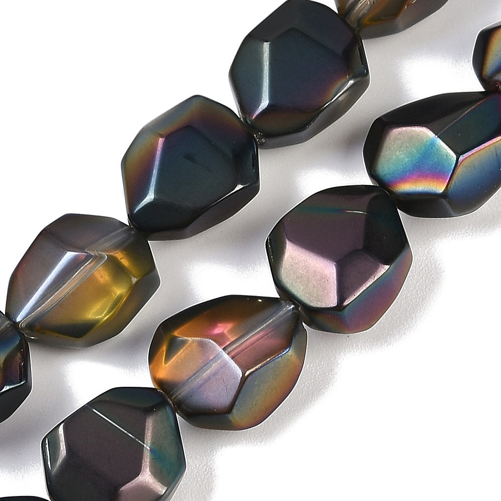Black Electroplate Frosted Glass Beads - Faceted Polygon -  12.5x9.5x7mm - 10 per bag