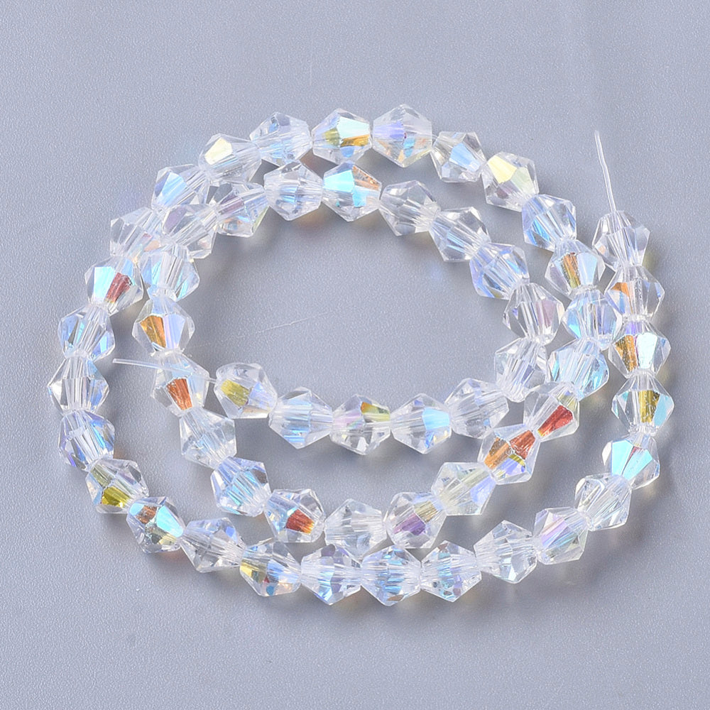 Clear AB Electroplate Glass Beads - Faceted Bicone - 5x5mm - Appx  54 per strand
