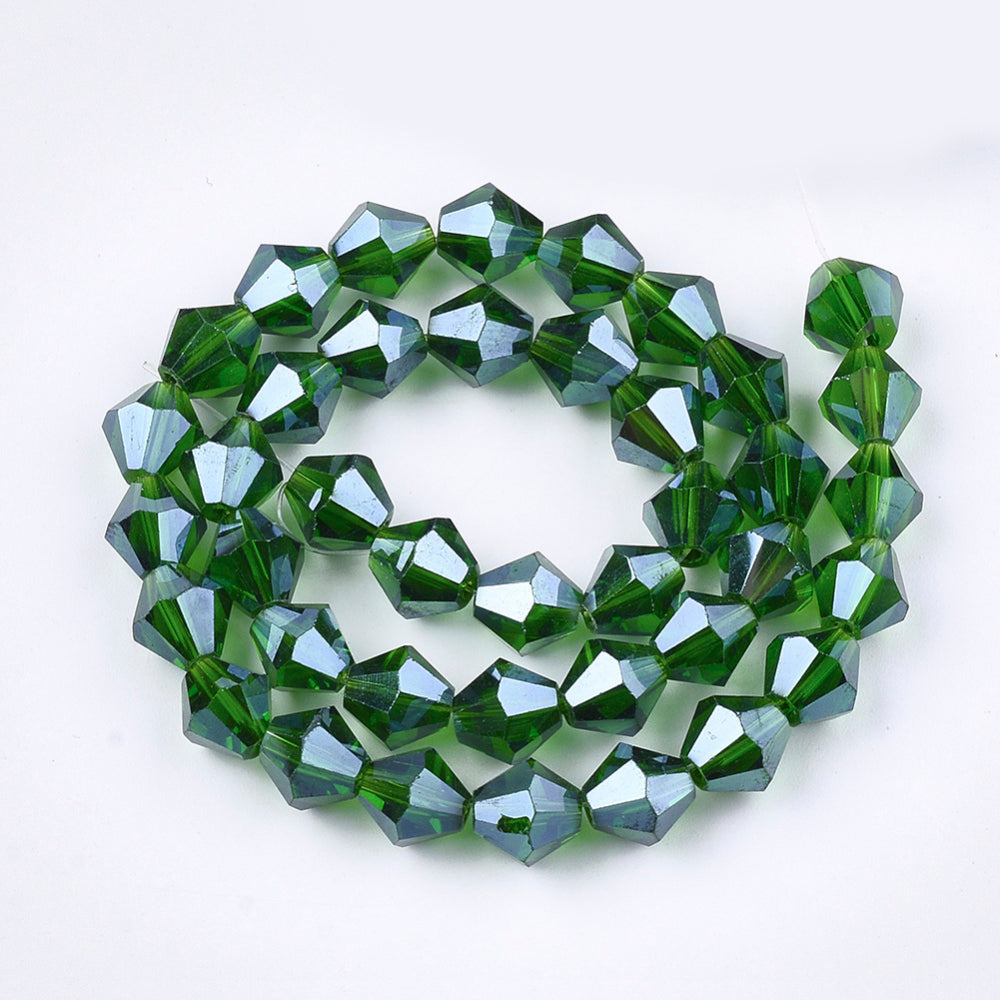 Dark Green Pearl Luster Plated Electroplate Glass Beads - Faceted Bicone - 6x5.5-6mm - Appx 44 per strand