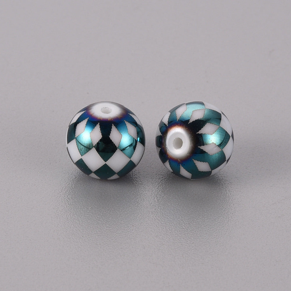 Green Plated Electroplate Glass - Round with Grid Pattern - 10mm - 10 per bag