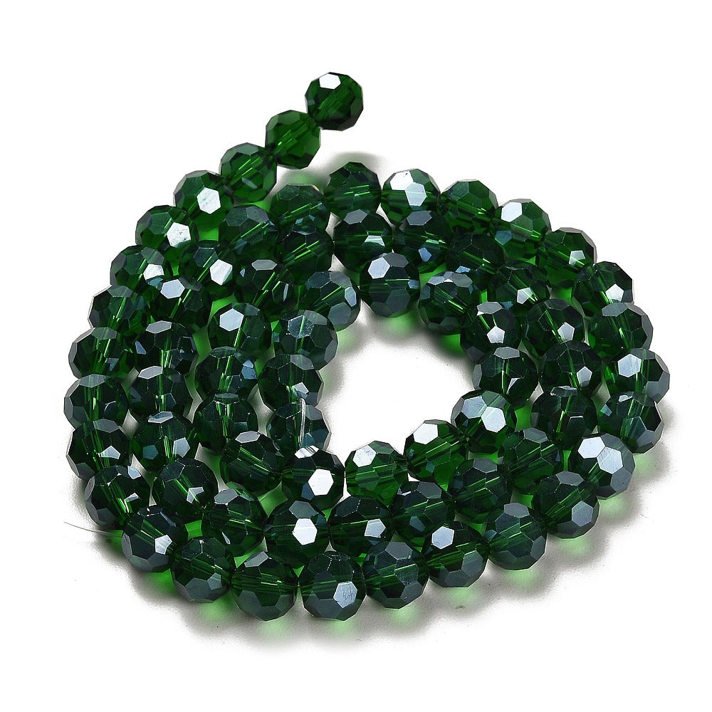 Dark Green Pearl Luster Plated Electroplate Glass Bead - Faceted Round - 8x7mm - Appx 66 per strand