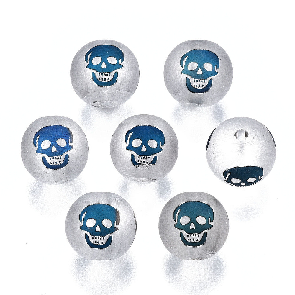 Blue Electroplate Frosted Glass - Round with Skull Pattern - 10mm - 10 per bag