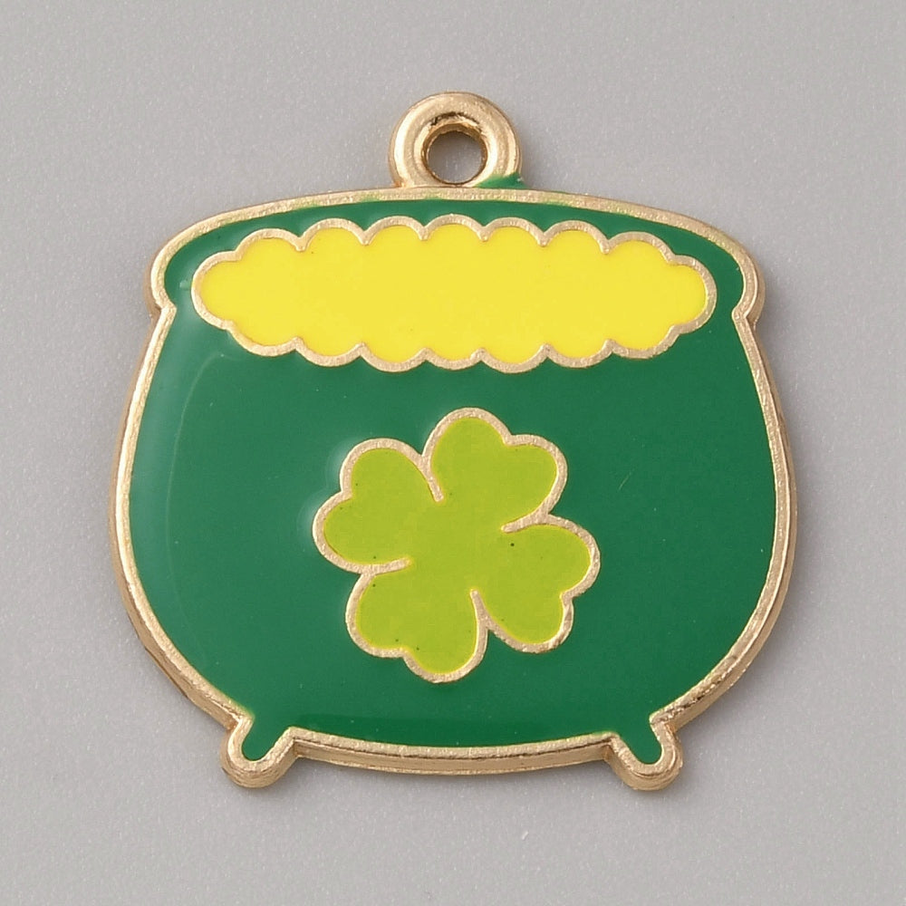 Saint Patrick's Day Alloy Golden Enamel Pendant - Pot - 24x22.5x1.8mm