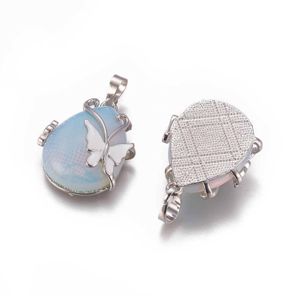 Platinum Brass with White Enamel Opalite Pendant - Teardrop with Butterfly - 30x23.5x12mm