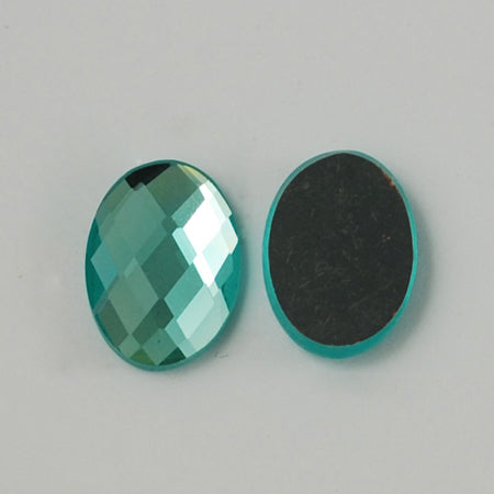 Sky Blue Electroplate Glass Cabochons - Flat Back & Back Plated - Faceted Oval - 14x10x4mm - 10 per bag
