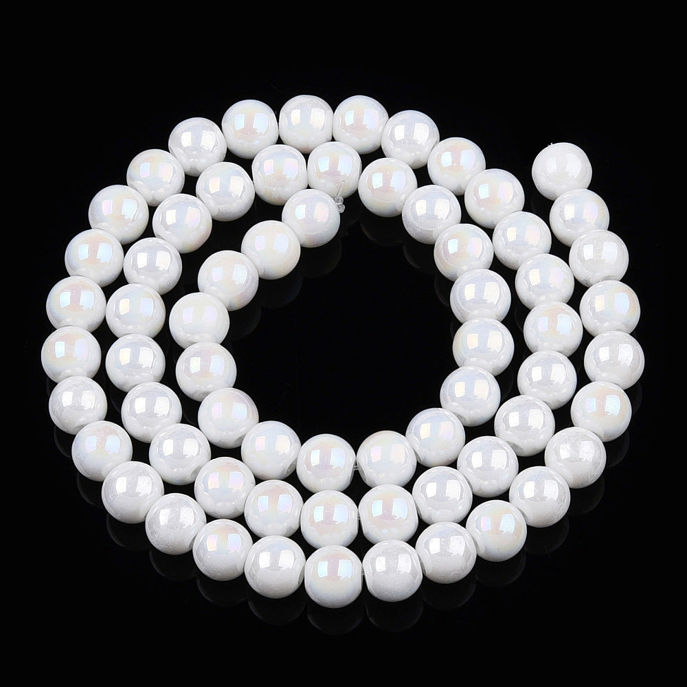 White AB Electroplate Opaque Glass Beads - Round - 6-6.5mm - Appx 67 per strand
