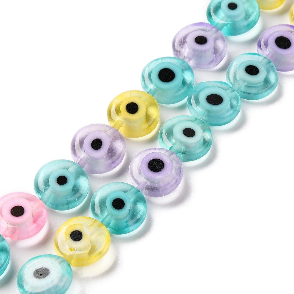 Yellow Handmade Evil Eye Lampwork Beads - Flat Round - 10x3.5mm - 5 per bag