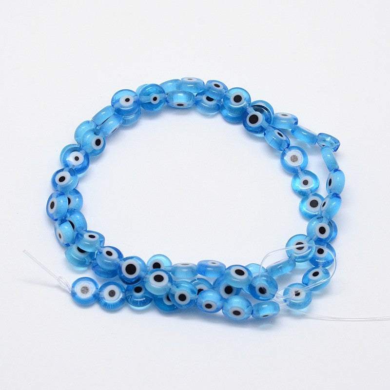 Handmade Evil Eye Dodger Blue Lampwork Bead - Flat Round - 6x3mm - Appx 65 per strand