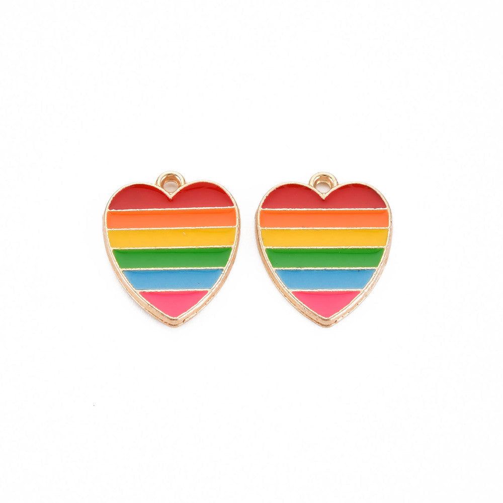 Light Gold Alloy Enamel Pendant - Cadmium & Lead Free - Heart with Rainbow Stripe - 18x15x1.5mm - 5 per bag