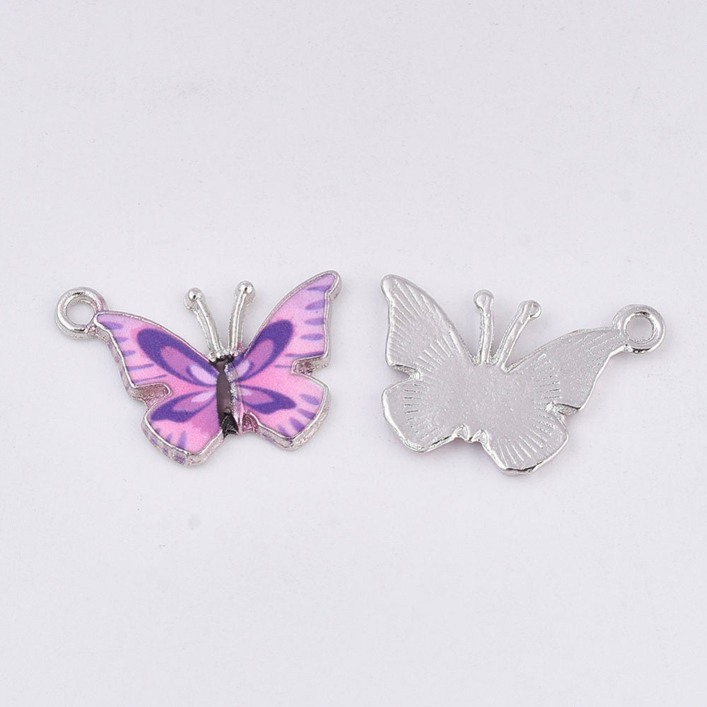 Printed Platinum Alloy Pendant with Violet Enamel - Butterfly - 14x20.5x1.5mm