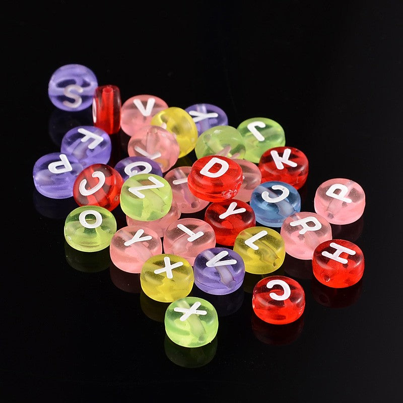 Mixed Color Transparent Acrylic Letter Beads - Flat Round - 7x3.5mm - 100 per bag