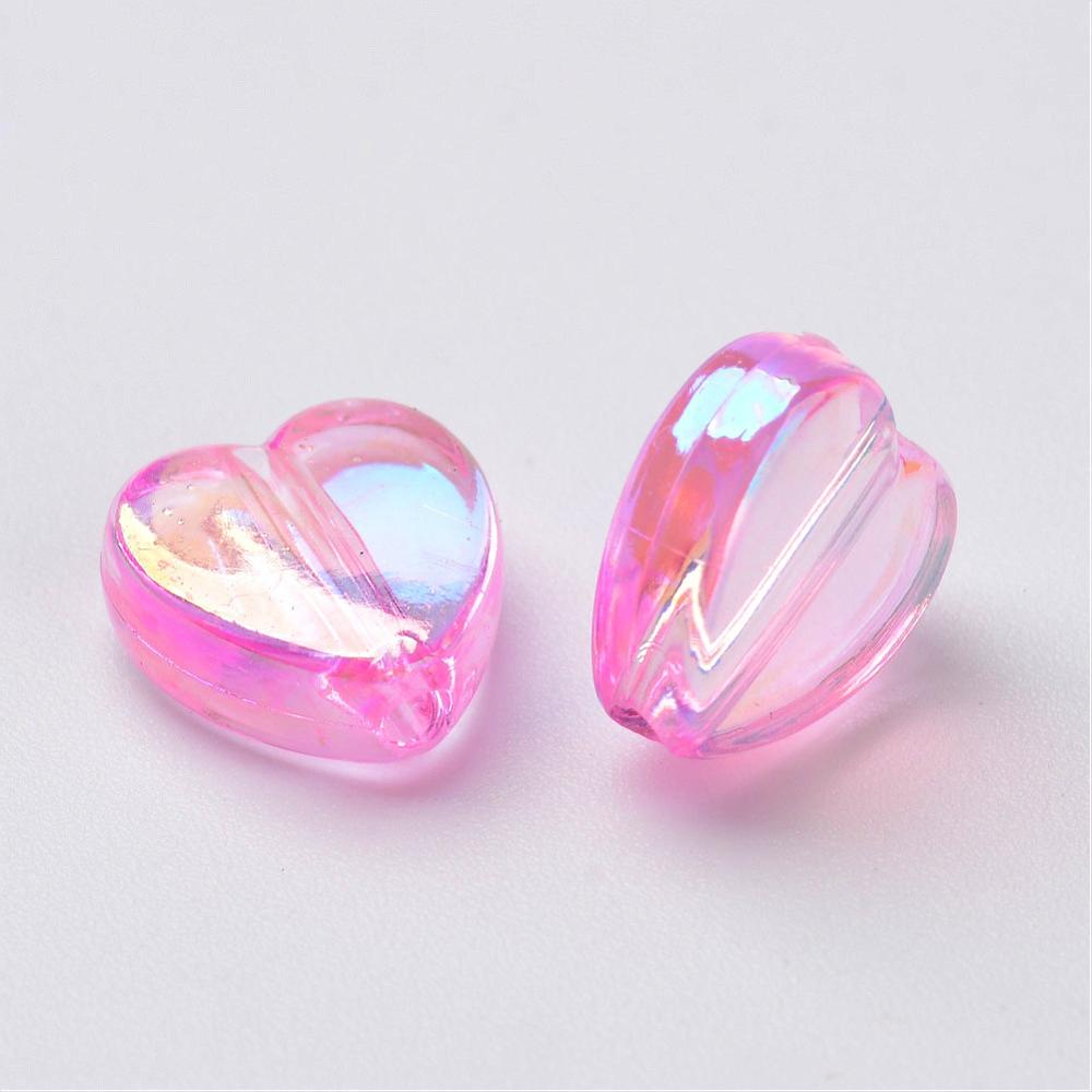 Bag of pink AB transparent acrylic heart beads, 8mm